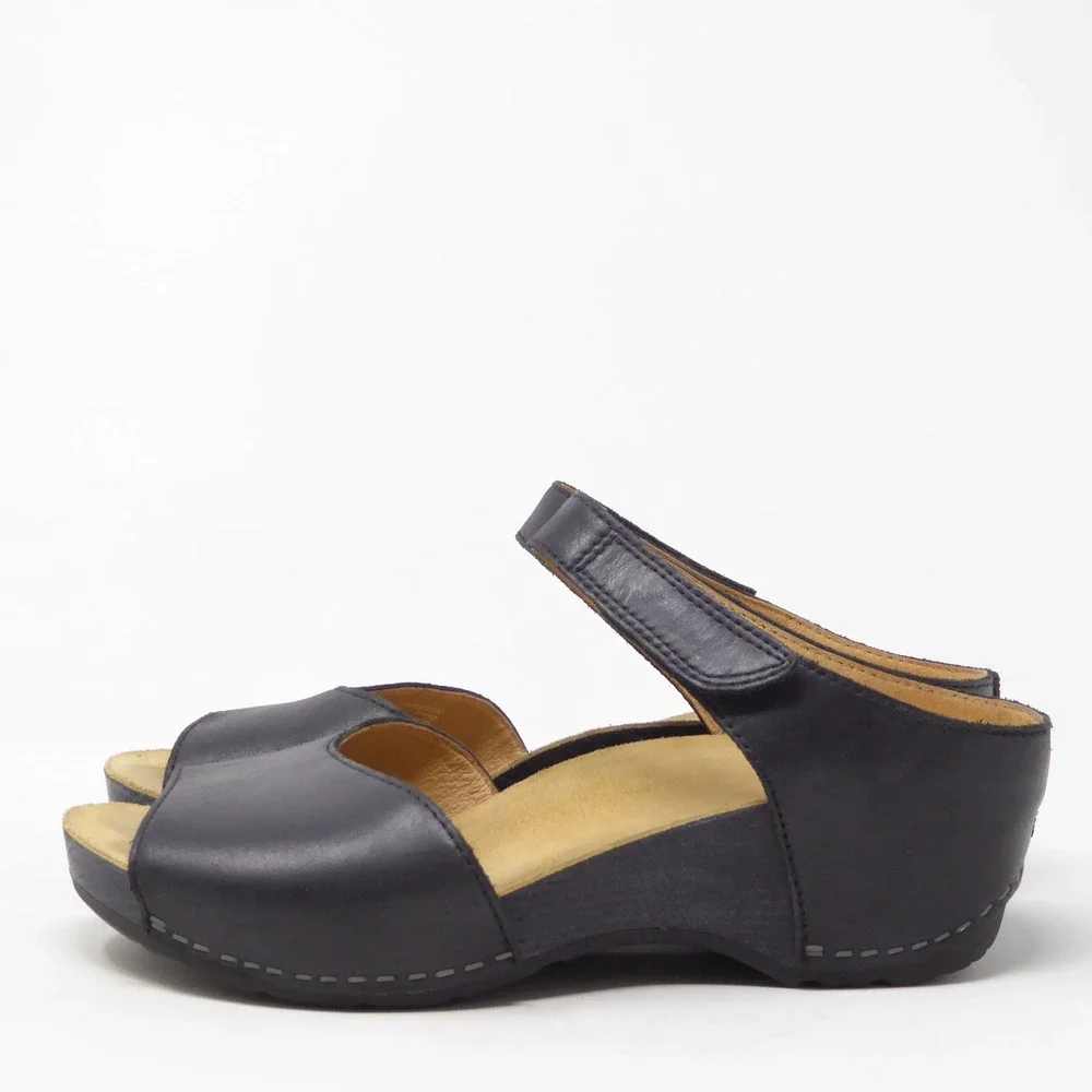 Dansko Tracy Womens Wedge Sandals Black Leather Peep Toe Comfort 36